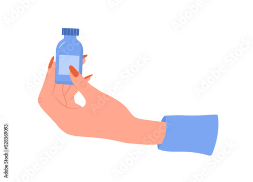 Female hand holding pills bottle. Healthcare concept. Woman drinks antidepressants. Vector illustration in flat cartoon style. Medication and pharmaceutical drug.