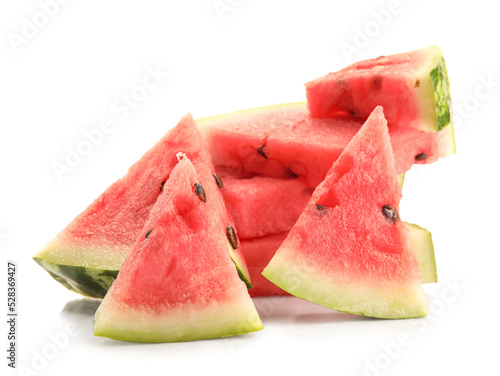 Slices of juicy watermelon on white background