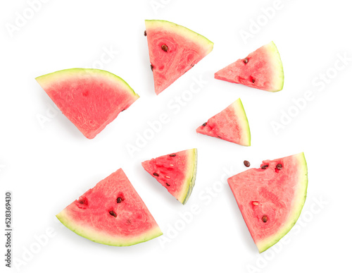 Slices of ripe juicy watermelon on white background