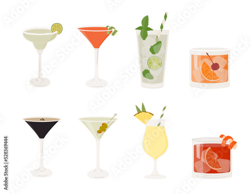 Set of classic cocktails. Different alcoholic drinks in various glasses. Summer aperitif. Mojito, Spritz, Pina colada, Martini, Daiquiri and Cosmopolitan. Vector flat illustration of alcohol beverages
