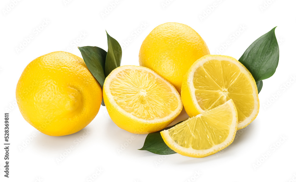 Many ripe lemons isolated on white background