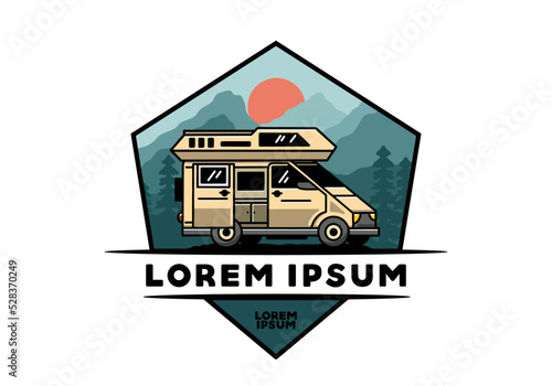 Big van with sliding door for camping illustration badge design