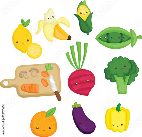 a vector collection of many cute fruits and vegetable  