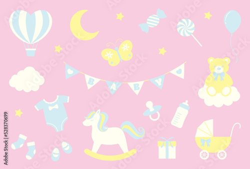 vector background with a set of baby items for banners, cards, flyers, social media wallpapers, etc.