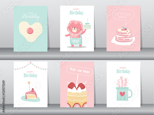 Set of birthday cards,poster,invitation,template,greeting cards,animals,cute,Vector illustrations.