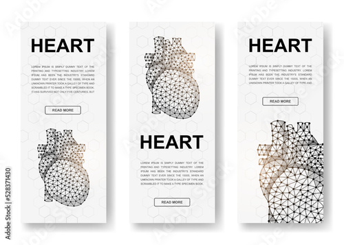 Set of three Heart polygonal vertical banners. 3d Cardiology low poly symbols with connected dots. Vertical illustration for homepage design