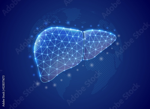 Liver 3d low poly symbol with blue world map background. Hepatitis concept design illustration. Organ anatomy polygonal symbol with connected dots