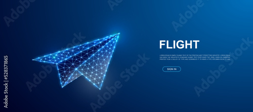 Paper airplane 3d polygonal symbol for website template. Low poly Tourism illustration for promo banner design. Travel design illustration concept.