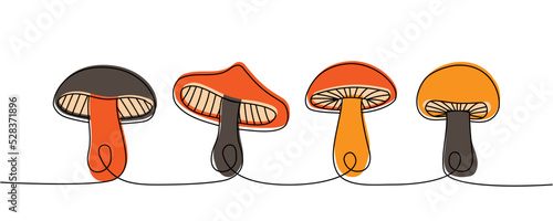 Set of Mushroom one line colored continuous drawing. Mushroom continuous one line colorful set illustration. Vector minimalist linear illustration