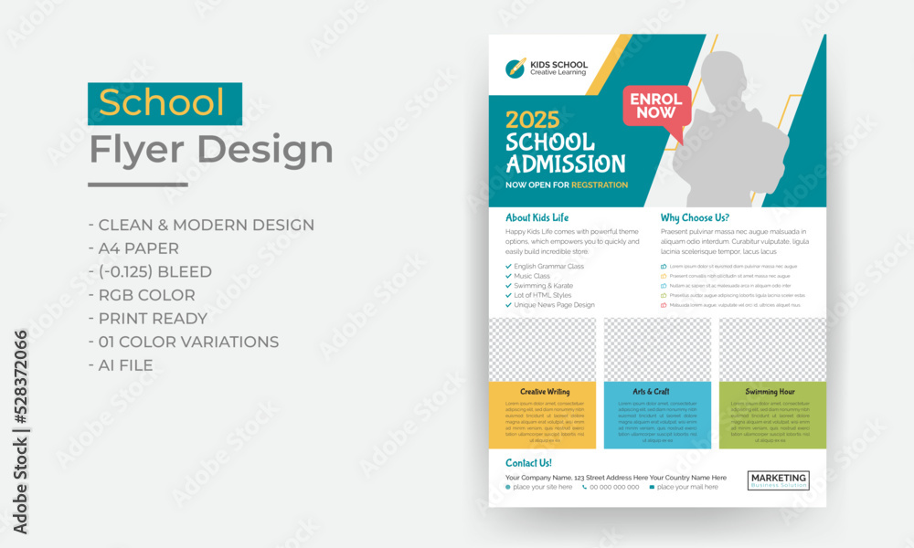 School flyer design, kids education poster, 2025 school admission leaflet brochure design, abstract background