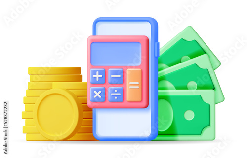3D Smartphone with Money and Calculator. Checks Money Balance. Render Financial Reports Statement and Documents. Accounting, Bookkeeping, Audit Debit, Tax and Credit Calculations. Vector Illustration