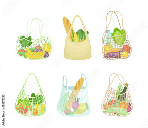 Eco Shopping with Net and Reusable Textile Bag Full of Grocery Products Vector Set