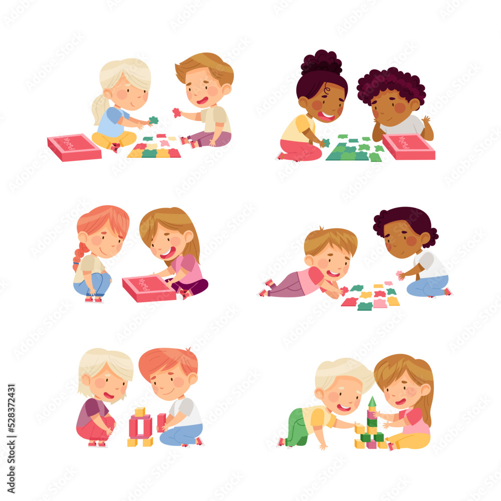 Children Sitting on the Floor in Nursery Playing Toy Blocks and Jigsaw Puzzle Vector Set Children Sitting on the Floor in Nursery Playing Toy Blocks and Jigsaw Puzzle Vector Set