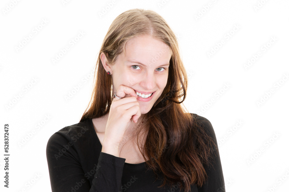 Beautiful woman smiling hand on chin bites fingers isolated on white background Beautiful woman smiling hand on chin bites fingers isolated on white background
