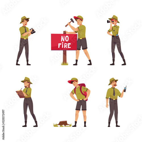Male and Female as Park Ranger or Forest Rangers Protecting and Preserving National Parklands Vector Set