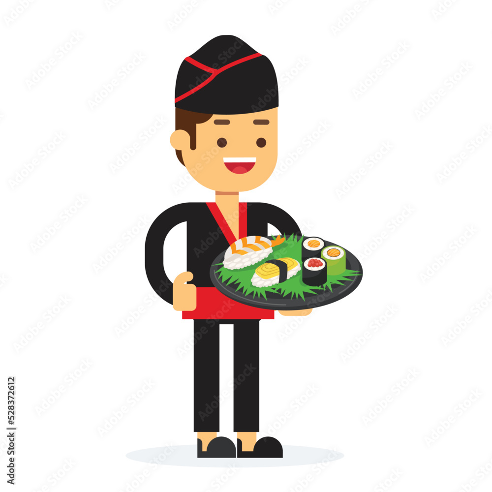 Sushi master young chef decorating delicious Sushi master young chef decorating delicious