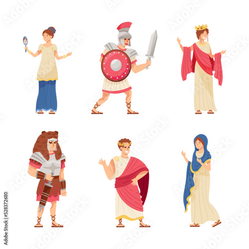 Roman Citizens Character Wearing Long Tunic, Armor and Sandals as Traditional Clothes Vector Set