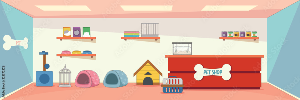 Cute and nice design of Pet shop with furniture and interior objects vector design