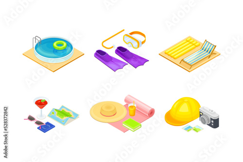Beach Vacation and Resort Elements with Deckchair, Pool, Snorkeling Equipment, Hat and Camera Isometric Vector Set