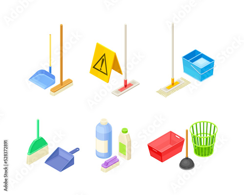 Household Cleaning Equipments with Mop, Broom and Bottles with Detergents Isometric Vector Set photo