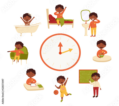 A cute african black boy in different situations vector illustration. Daily routine with orange simple watches. Schedule. Day time. Isolated on white background.