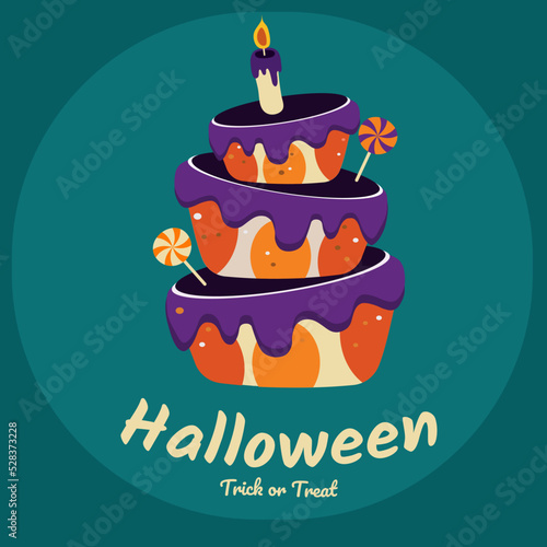 Halloween Trick or Track Card  flat design with a cute Cake, candle, and  candy
