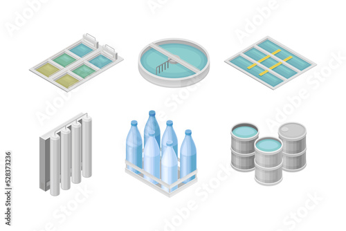 Water Purification Process with Barrel and Reservoir Isometric Vector Set