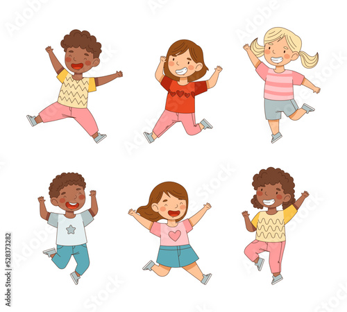 Elated Children Jumping with Joy Expressing Excitement and Happiness Vector Set