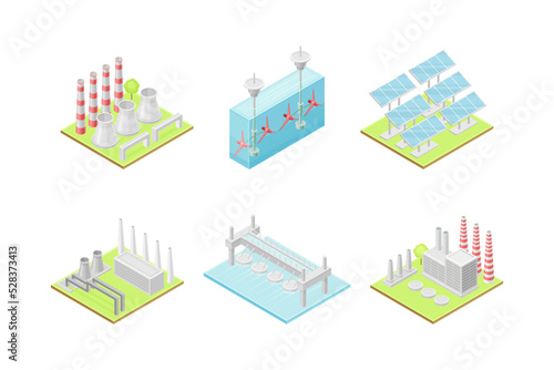 Ecology and Environment Protection and Conservation with Solar Panel Battery, Hydropower Plant and Factory Isometric Vector Set