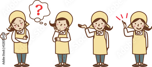 エプロン姿の女性のセットイラスト。ため息、考える、案内、指差し。