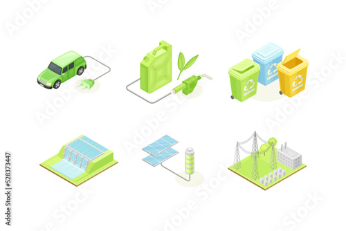 Ecology and Environment Protection and Conservation with Recycling Dustbin, Electric Car, Dam, Solar Battery, and Biofuel Isometric Vector Set