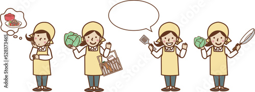 エプロン姿の女性のセットイラスト。考える、買い出し、料理、ふきだし。