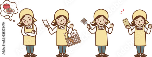 エプロン姿の女性のセットイラスト。考える、買い出し、料理、給料。