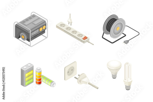 Electric Power Objects with Accumulator, Plug and Socket, Battery and Lightbulb Isometric Vector Set