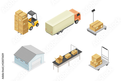 Warehouse as Area for Goods Storage with Forklift and Cardboard Boxes Isometric Vector Set