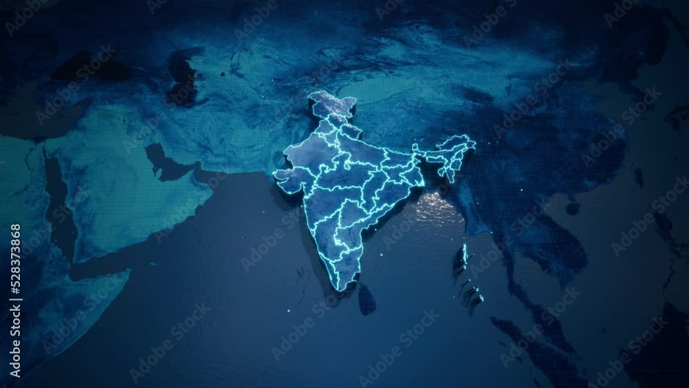 Abstract geometric futuristic concept 3d Map of India with borders as scribble, blue neon style