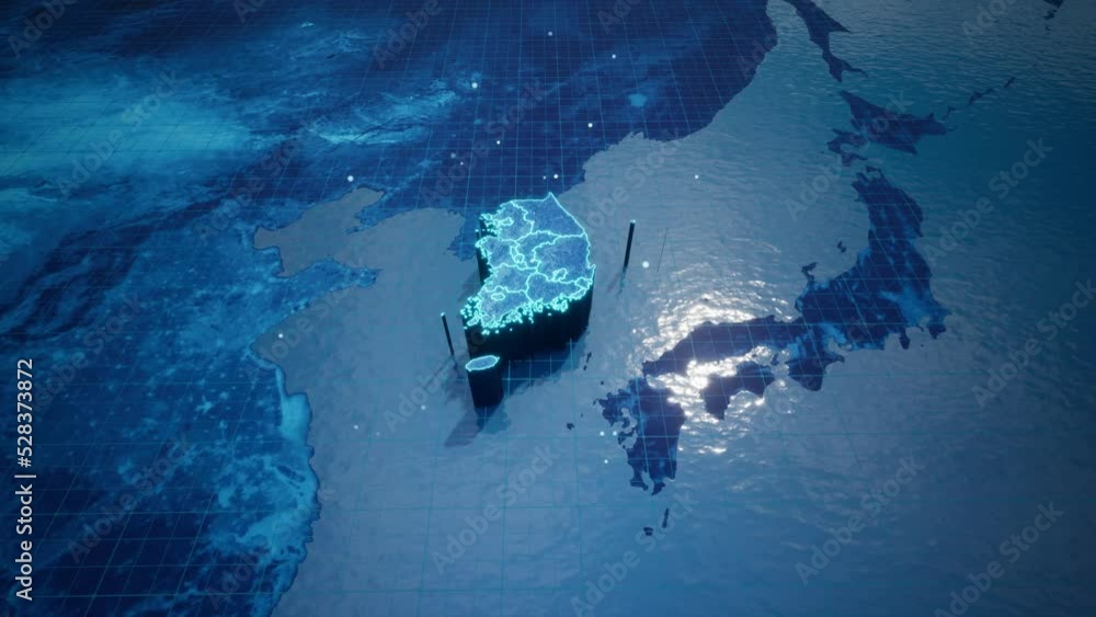 Abstract geometric futuristic concept 3d Map of South Korea with borders as scribble, blue neon style.