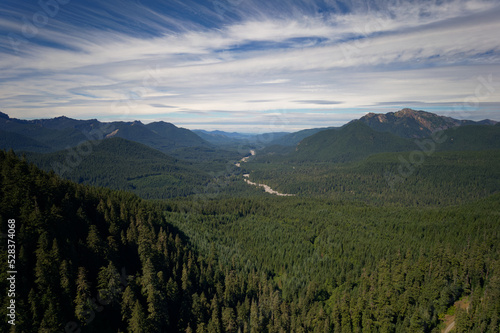 Nisqually River begins its journey through the valley toward Puget Sound from Mt Rainier  Washington.