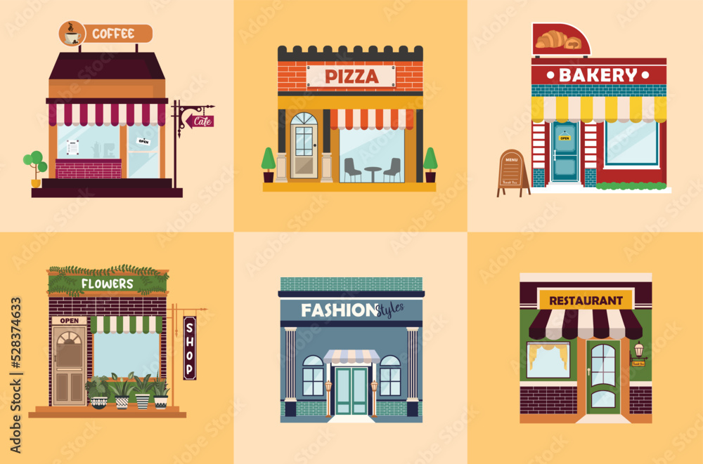 set of bakery facades, flowers, dairy, pharmacy, Small European-style shop exterior. Commercial, property, market or supermarket. Flat vector illustration on colorful background.