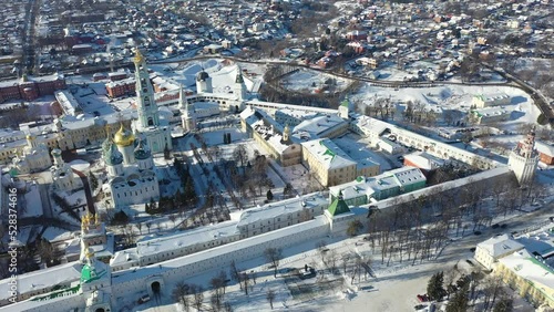 Aerial view on winter day of unique monastic complex of Trinity Lavra of St. Sergius, Sergiev Posad, Russia photo