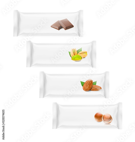 Snack food  bar mockups with fillers. Vector illustration isolated on white background. It can be used in the adv, promo, package, etc. EPS10.