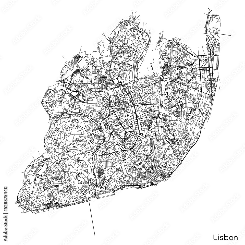 Lisbon city map with roads and streets, Portugal. Vector outline ...