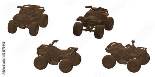 Quadbike made from cubes. Voxel quadricycle. 3d Vector illustration. Dimetric projection.