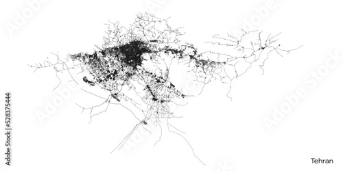 Tehran city map with roads and streets, Iran. Vector outline illustration.