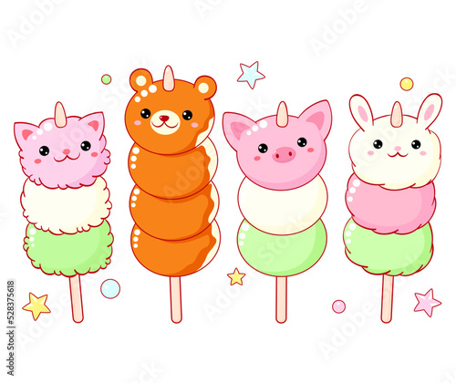 Set of cute hanami season dessert in kawaii style. Japanese traditional cuisine dishes Sanshoku Dango. Animal-shaped hanami dango - bear, cat, rabbit and pig. Vector illustration EPS8 Dango