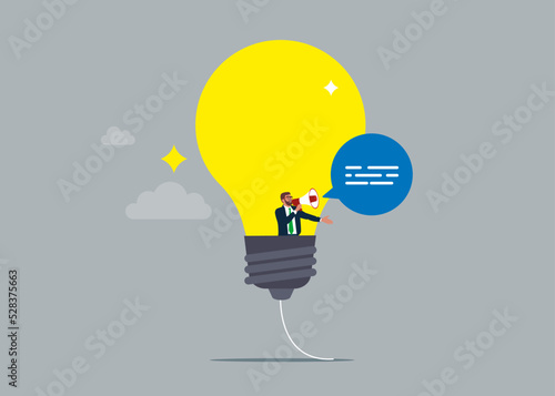 Businessman flying in a hot air balloon representing, ideas, talent. Flying in their ideas and pointing to the future. Business and marketing. Vector illustration.