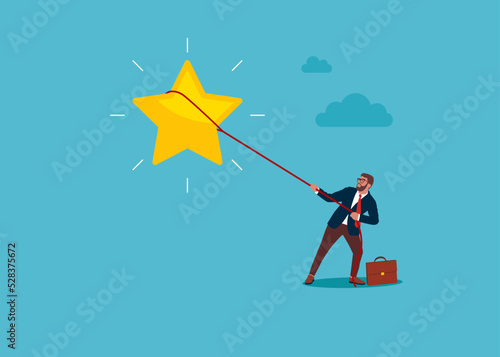 Businessman pulling the star. Concept business vector, Lassoing, Working, Achievement. Vector illustration.