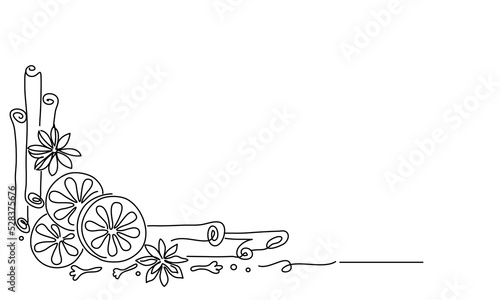 Spices for mulled wine. Christmas spices for decoration. Sketch. Line drawing. Decor. Cinnamon, anise, citrus. Сhristmas drink. Ingredients
