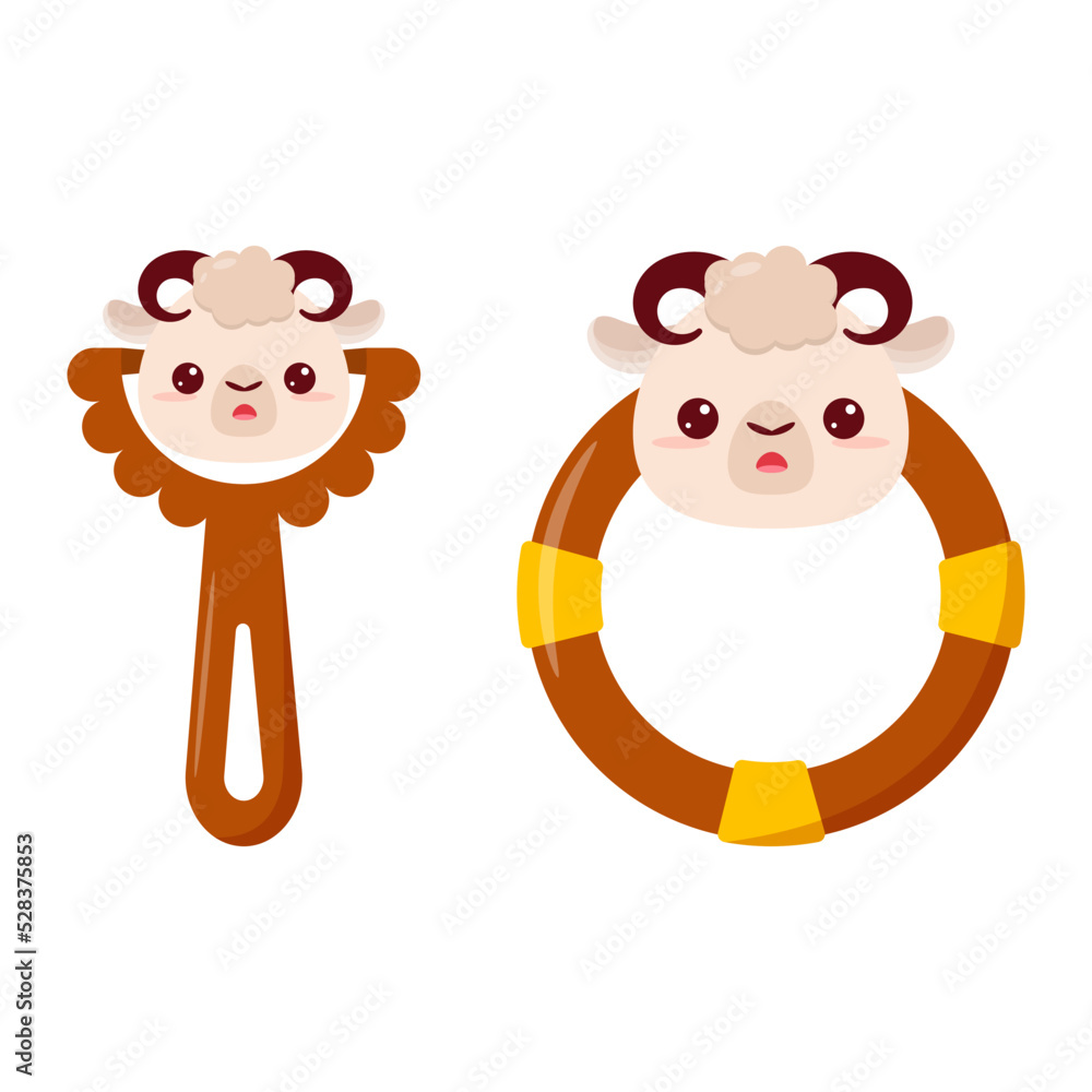 Fototapeta premium A baby rattle with a handle and a ring. A rattle with a cartoon lamb for kids. A gift for newborns.