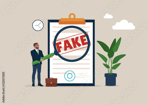 Businessman inspector using magnifying glass to verify fake document. Fake news inspection, fraud and illegal reports. Vector illustration.